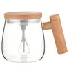 Cană electrică cu amestecare automată 400 ml din sticlă cu capac din lemn și încărcare USB