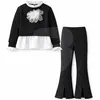 Compleu fete elegant negru cu bluză și pantaloni evazați, set en-gros 6 bucăți, mărimi 4–14 ani