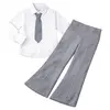 Compleu fete 3 piese cu cămașă albă, pantaloni gri și cravată, set 6 bucăți, 4–14 ani
