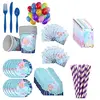 Set Complet pentru Petrecere Aniversară Model „Mica Sirenă”, 122 Piese, Include Veselă de Unică Folosință și Decorațiuni