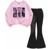 Compleu fete roz cu imprimeu KPOP și pantaloni evazați negri, set en-gros 4–14 ani