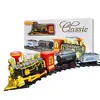 Set Trenuleț Electric Clasic cu Locomotivă de Epocă Negru-Aurit, Traseu de Cale Ferată Modulară, Vagoane de Pasageri și Marfă