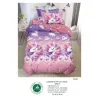 Lenjerie de Pat Single din Finet cu Elastic Pucioasa, 4 Piese, Imprimeu Unicorn și Curcubeu Roz-Mov, Model S-32