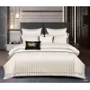 Lenjerie de Pat Dublu din Damasc Premium Pucioasa, 6 Piese, Cearceaf de Pat cu Elastic 180 x 200 cm, Dungi Hoteliere, Crem Deschis / Ivoire, Model W-4