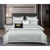 Lenjerie de Pat Dublu din Damasc Premium Pucioasa, 6 Piese, Cearceaf de Pat cu Elastic 180 x 200 cm, Dungi Hoteliere, Gri Vernil / Mentă Deschis, Model W-5
