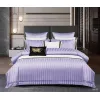 Lenjerie de Pat Dublu din Damasc Premium Pucioasa, 6 Piese, Cearceaf de Pat cu Elastic 180 x 200 cm, Dungi Hoteliere, Lila / Violet Deschis, Model W-10