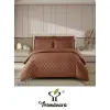 Lenjerie de Pat Dublu din Damasc Premium, 4 Piese, Cearceaf de Pat cu Elastic 180x200 cm, Model Pătrățele Maro