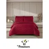Lenjerie de Pat Dublu din Damasc Premium, 4 Piese, Cearceaf de Pat cu Elastic 180x200 cm, Model Pătrățele Bordo