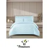 Lenjerie de Pat Dublu din Damasc Premium, 4 Piese, Cearceaf de Pat cu Elastic 180x200 cm, Model Pătrățele Bleu