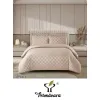 Lenjerie de Pat Dublu din Damasc Premium, 4 Piese, Cearceaf de Pat cu Elastic 180x200 cm, Model Pătrățele Bej