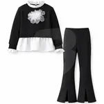 Compleu fete elegant negru cu bluză și pantaloni evazați, set en-gros 6 bucăți, mărimi 4–14 ani