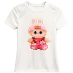Tricou fete alb cu imprimeu Labubu roz, bumbac cu licra, Italia, mărimi 4–14 ani