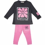Compleu fete subțire 2 piese gri antracit cu roz, bluză cu mânecă lungă și pantaloni, set 6 bucăți, 3–10 ani
