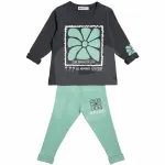 Compleu fete subțire 2 piese cu bluză gri antracit și pantaloni verde mentă, set 6 bucăți, 3–10 ani