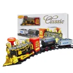 Set Trenuleț Electric Clasic cu Locomotivă de Epocă Negru-Aurit, Traseu de Cale Ferată Modulară, Vagoane de Pasageri și Marfă