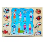 Puzzle din Lemn Mixt pentru Copii, Stil Clasic și Încastru cu Pioneze, Model Sporturi și Activități Fizice