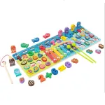 Tablă Montessori Educativă din Lemn, 4 în 1, cu Xilofon, Cifre, Forme Geometrice și Coloane pentru Numărat