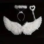 Set Costum de Înger pentru Copii și Adulți, cu Aripi Albe din Pene, Aureolă pe Bentiță și Baghetă Magică Inimă