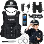 Set Diverse Accesorii de Poliție pentru Copii, Trusă Tactică de Jucărie cu Vestă Neagră, Cască, Cătușe și Binoclu