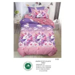 Lenjerie de Pat Single din Finet cu Elastic Pucioasa, 4 Piese, Imprimeu Unicorn și Curcubeu Roz-Mov, Model S-32