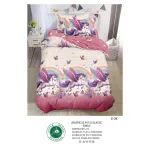 Lenjerie de Pat Single din Finet cu Elastic Pucioasa, 4 Piese, Imprimeu Unicorni și Curcubeu Roz, Model S-34