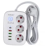 Prelungitor Electric Inteligent RURLBW, 3 Prize, 5 Porturi USB, Cablu 3 Metri, 2500W, Alb