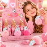 Luciu de Buze cu Breloc Unicorn și Pompon Pufos Micolor L5177 - Set 12 Bucăți