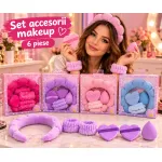 Set Accesorii Makeup cu Bentiță Pufoasă, Manșete și Bureței - 6 Piese