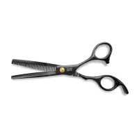 Foarfecă de filat neagră din inox, cu dinți uniformi pentru texturare și maner ergonomic pentru control fluid