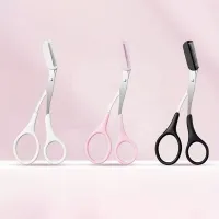 Forfecuță pentru sprâncene cu pieptăn  mâner ergonomic (alb/roz/negru)
