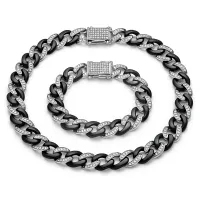 Set lanț și brățară Cuban bicolor negru–argintiu cu microcristale