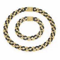 Set lanț și brățară Cuban bicolor negru-auriu cu cristale
