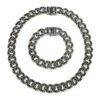 Set lanț și brățară model Cuban metal argintiu închis