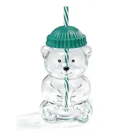 Pahar din Sticlă în Formă de Ursuleț 600 ml cu Pai Reutilizabil