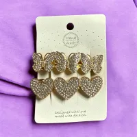 Set Clame Metalice cu Strasuri - Fluture și Inimă - 2 Bucăți / Cartonaș - 12 Cartonașe / Set