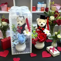 Cutie cadou ursuleț absolvent și trandafir săpun, - I412