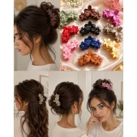 Set 12 clești de păr siliconati cu flori colorate pentru coc si coafuri elegante