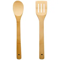 Set Ustensile de Bucătărie din Bambus Natural, Lingură și Paletă cu Fante, 30 cm