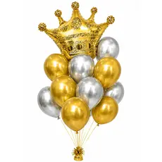 Set Baloane Party King/Queen - Coroană Aurie și Baloane Metalice