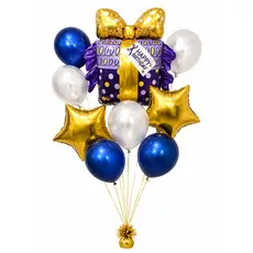 Buchet de Baloane Aniversare "Happy Birthday" – Set Cadou cu Balon Cadou Mov, Aurii și Albastre