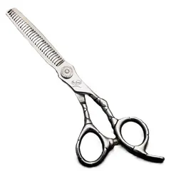 Foarfecă argintie de filat cu design dragon și lamă zimțată pentru texturare profesională