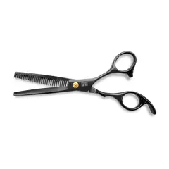 Foarfecă de filat neagră din inox, cu dinți uniformi pentru texturare și maner ergonomic pentru control fluid