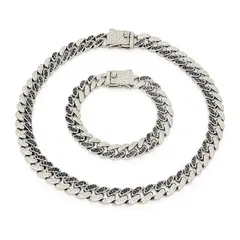 Set lanț și brățară Cuban argintiu cu cristale albe și negre