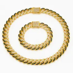 Set lanț și brățară Cuban auriu cu microcristale albe și negre