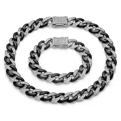 Set lanț și brățară Cuban bicolor negru–argintiu cu microcristale