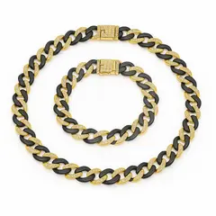 Set lanț și brățară Cuban bicolor negru-auriu cu cristale