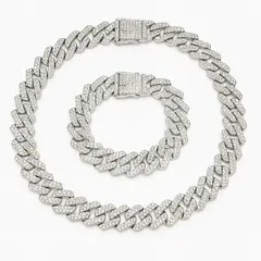 Set lanț și brățară Cuban lat argintiu pavé cu microcristale