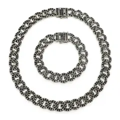 Set lanț și brățară model Cuban metal argintiu închis