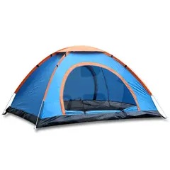 Cort pop-up camping 3–4 persoane cu deschidere rapidă, protecție UV 30+, impermeabil, albastru-portocaliu
