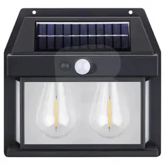 Lampă solară de perete cu senzor de mișcare, 2 becuri LED, 600 lumeni, 3 moduri iluminare, pentru exterior, negru